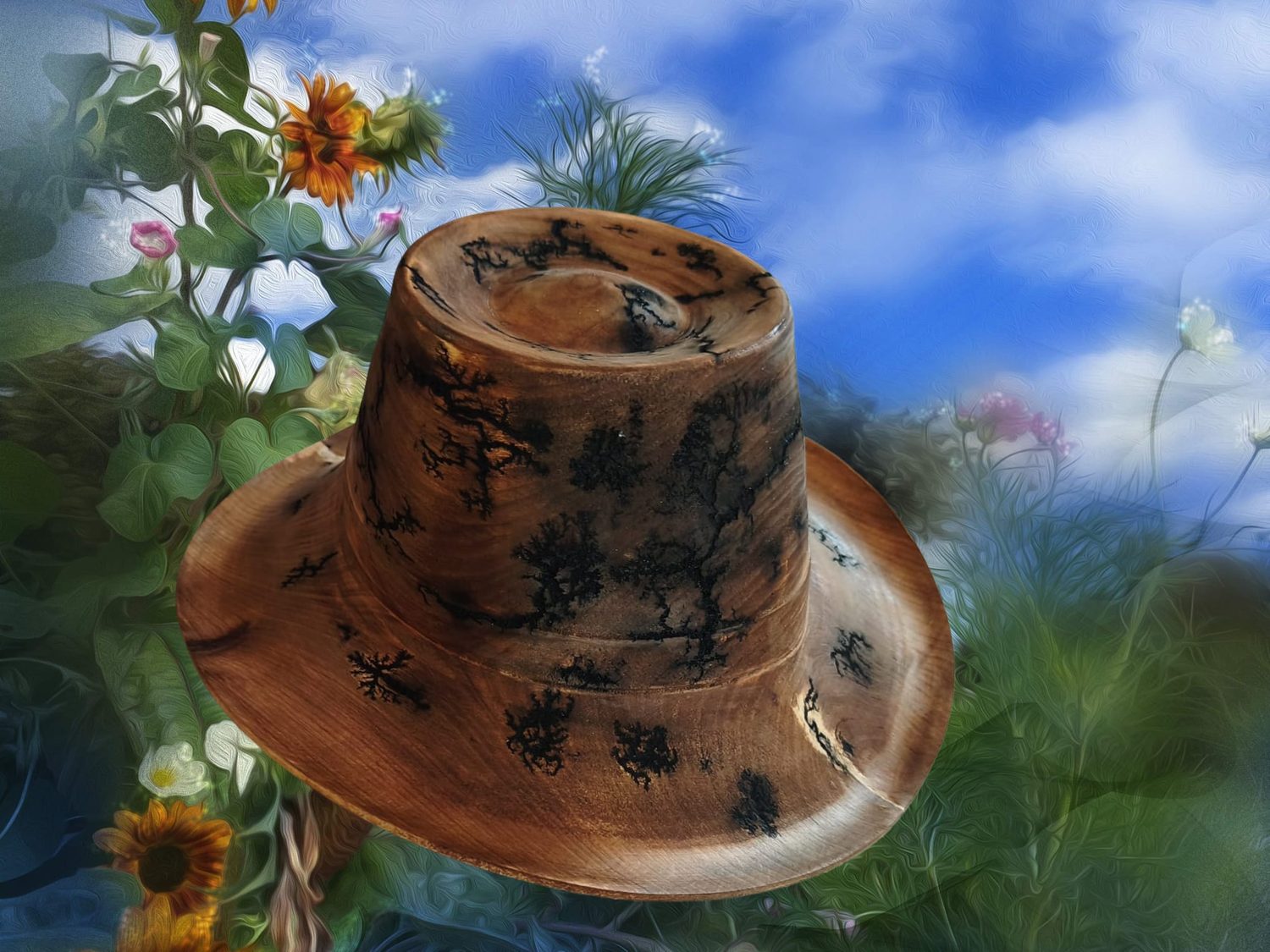 Holzhut mit Blumendekoration
